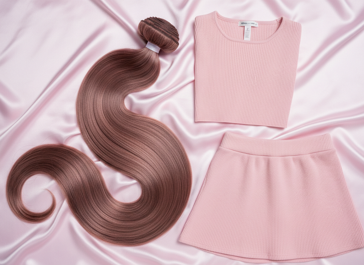 A glossy, waist-length bundle of premium human hair extensions in a soft rose-brown shade, neatly arranged in a gentle S-curve across a pale pink satin backdrop. The strands look silky and full, with subtle highlights catching soft studio lighting from the upper left, creating delicate reflections and a luxurious sheen. Beside the hair, a folded pastel pink crop top and matching mini skirt are placed, forming a casual outfit pairing. The composition is photographed from directly above with sharp focus, giving a clean, product-centric feel, while the blurred edges of the satin create a playful, fashion-forward atmosphere in vibrant photographic realism.